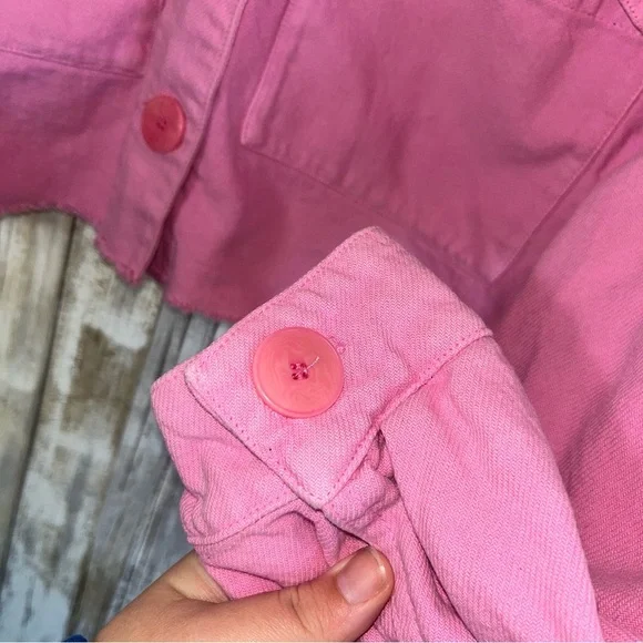 Zara Pink Cropped Denim Jacket Raw Hem Boxy Utility Jean Jacket Women’s S - Picture 5 of 8